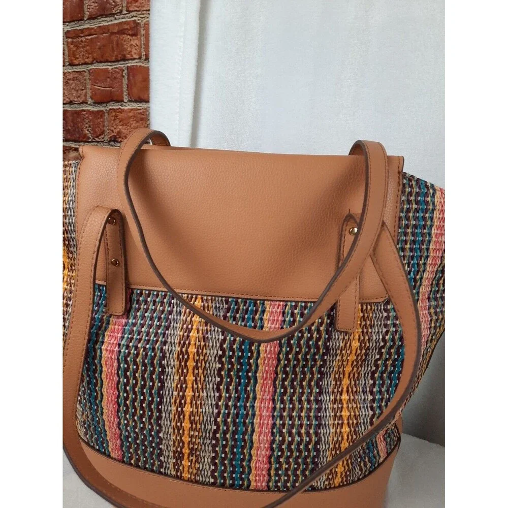 Anne Klein Straw Striped Woven Tote Bag